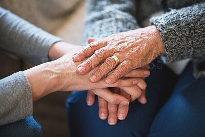 Buy stock photo Old person, friend and holding hands for comfort on sofa for grief loss or support, love or empathy. Senior people, closeup and finger embrace for retirement sad or wellbeing, sorry pain or trust