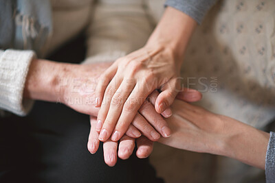 Buy stock photo Old person, hand holding and friends for comfort from sad grief or loss fear, hope chat or trust. Retired senior, fingers and closeup for connection in home for solidarity help, compassion or care