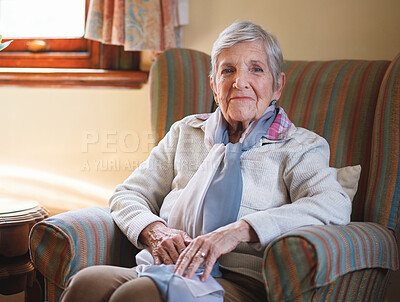Buy stock photo Elderly woman, portrait and living room happy for retirement, relax in apartment. Female person, senior lady and face for comfort in home for carefree positivity or proud age for peace, care or rest