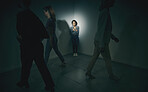 One mixed race female suffering mental illness in asylum. Hispanic woman experiencing a panic attack while being surrounded by people inside. Rape and Abuse victim feeling alone
