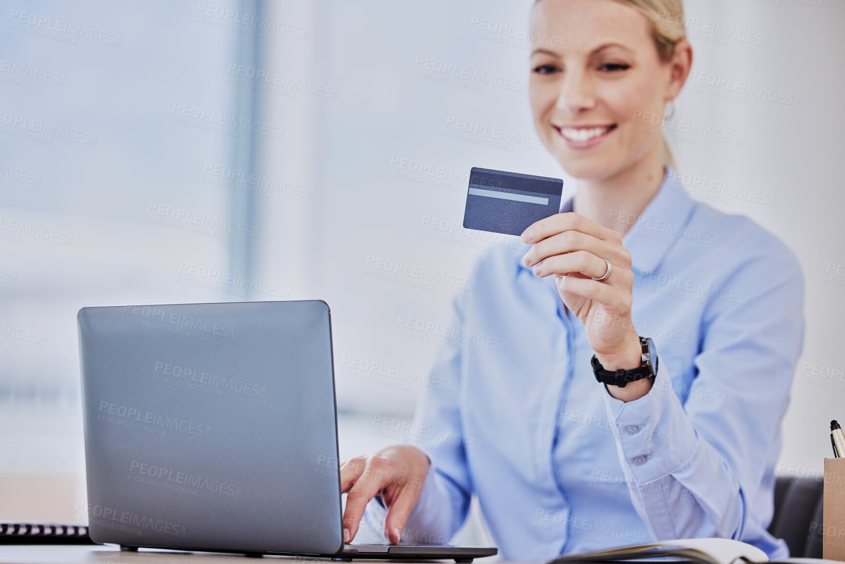 Buy stock photo Business woman, laptop and credit card with online shopping, smile and cybersecurity at desk. Young female entrepreneur, e commerce and happy with payment, password or info for discount, sale or deal