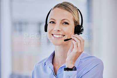 Buy stock photo Young woman, portrait and call cente with, microphone, communication or smile in technical support job. Girl, telemarketing and happy for sales consulting, customer service or help desk at crm agency