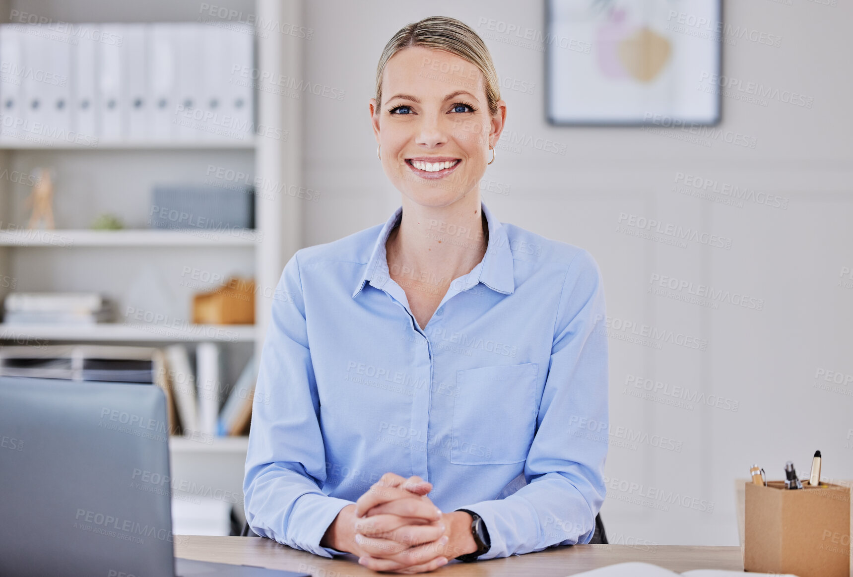 Buy stock photo Caucasian business woman, portrait and smile at desk with motivation, entrepreneurship and finance agency. Young accounting expert, modern office and happy for career vision at financial startup