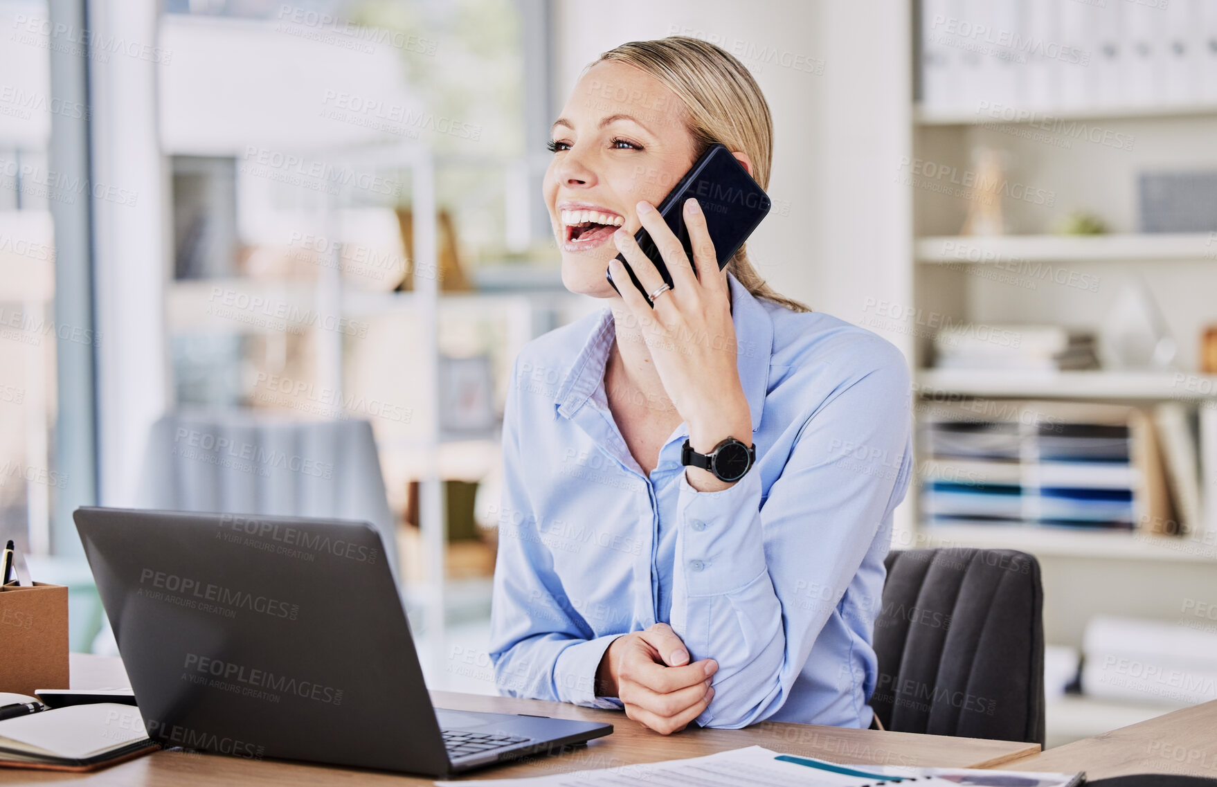 Buy stock photo Young business woman, phone call and office at desk with motivation, sales and smile in finance agency. Financial expert, networking and happy for contact, client or lead for loan offer at startup