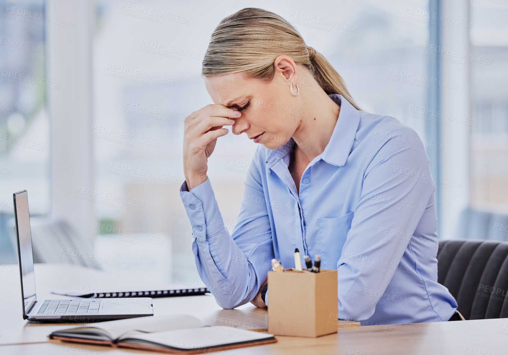 Buy stock photo Business woman, headache and computer glitch at a company with fatigue and stress from 404 error. Audit problem, female employee and pain from tech work and debt report in a office with pc mistake