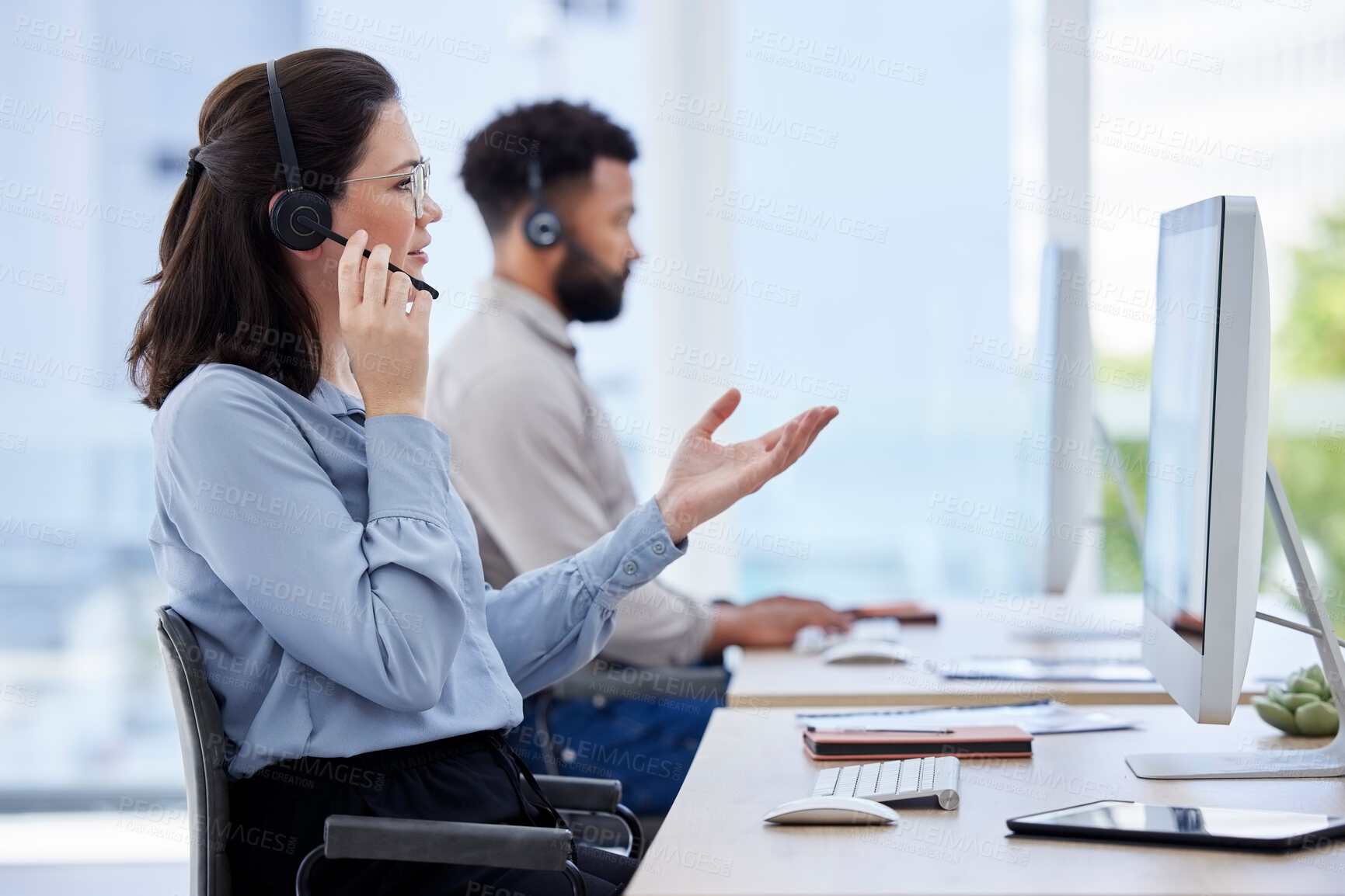 Buy stock photo Angry, call center and woman with customer service problem and confused by client at an agency office. Glitch, frustrated and agent or consultant with stress talking on a video call online