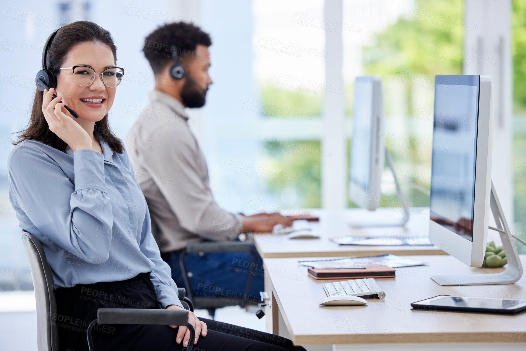 Buy stock photo Happy woman, call center and portrait smile in customer service, support or telemarketing at the office. Friendly female person consultant, agent or virtual assistant in contact us at the workplace