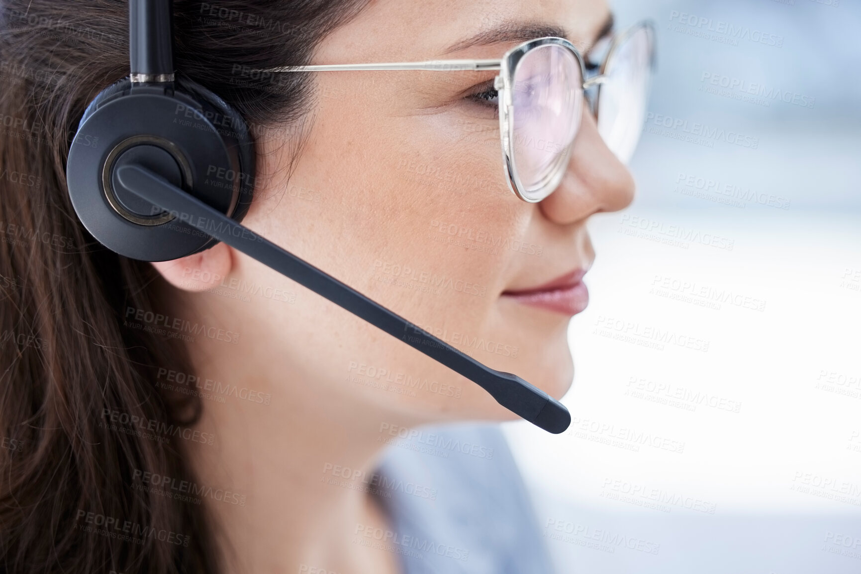 Buy stock photo Call center, headphones and woman, agent or consultant in customer service, client solution or e commerce support. Callcenter, agency and happy person consulting, virtual communication or helping