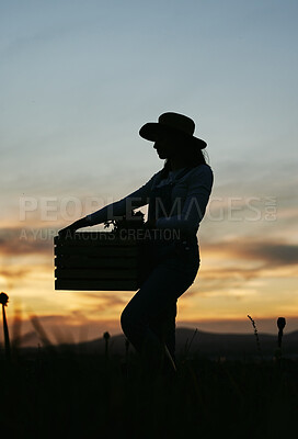 Buy stock photo Silhouette of a female farmer standing in a field with a wooden box. A woman harvesting fresh vegetables in a field with a basket
