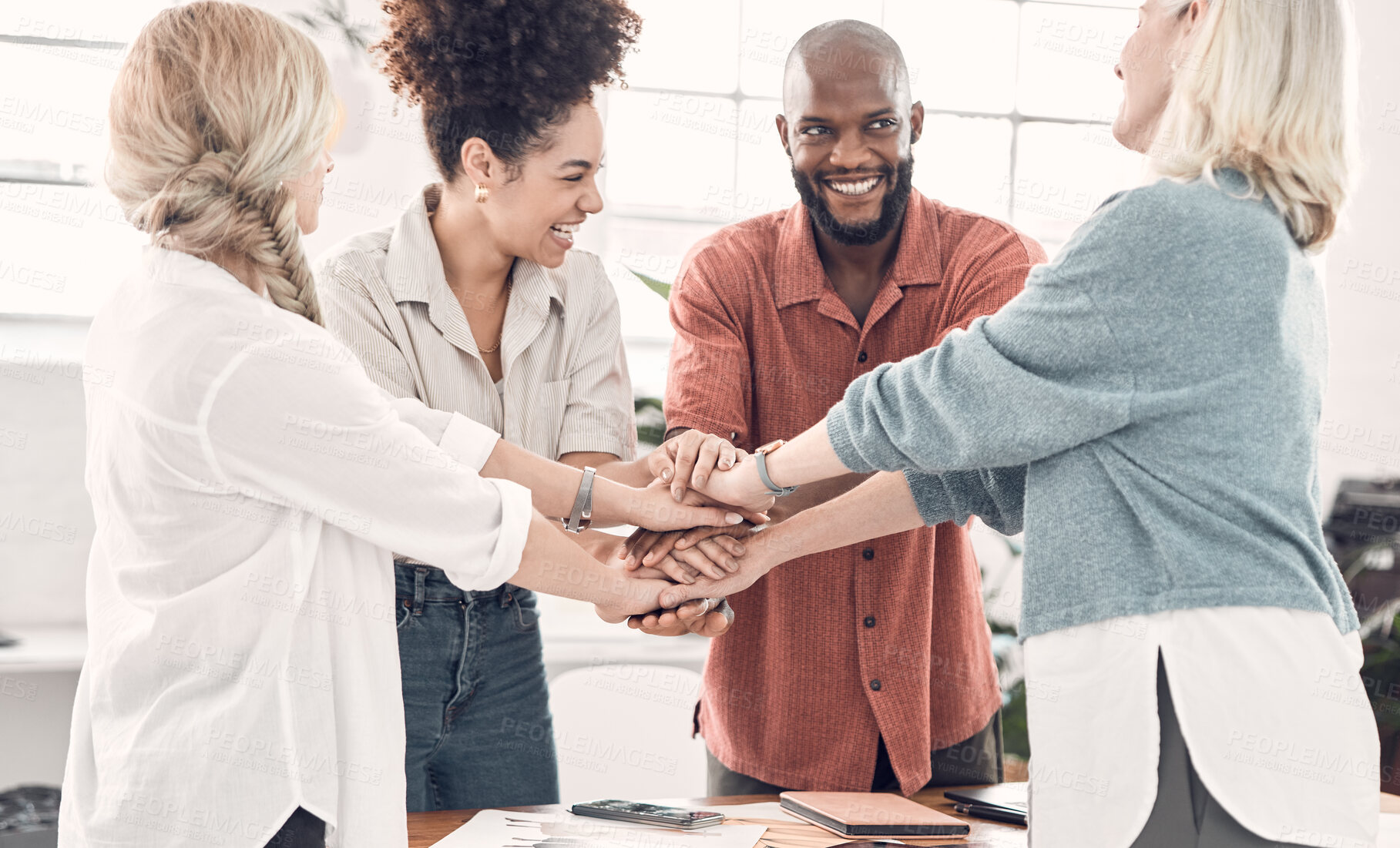 Buy stock photo Teamwork, hand huddle and happy business people with strategy, support and collaboration at start up. Office team, coworking and trust, hands together with smile, employees working with cooperation.