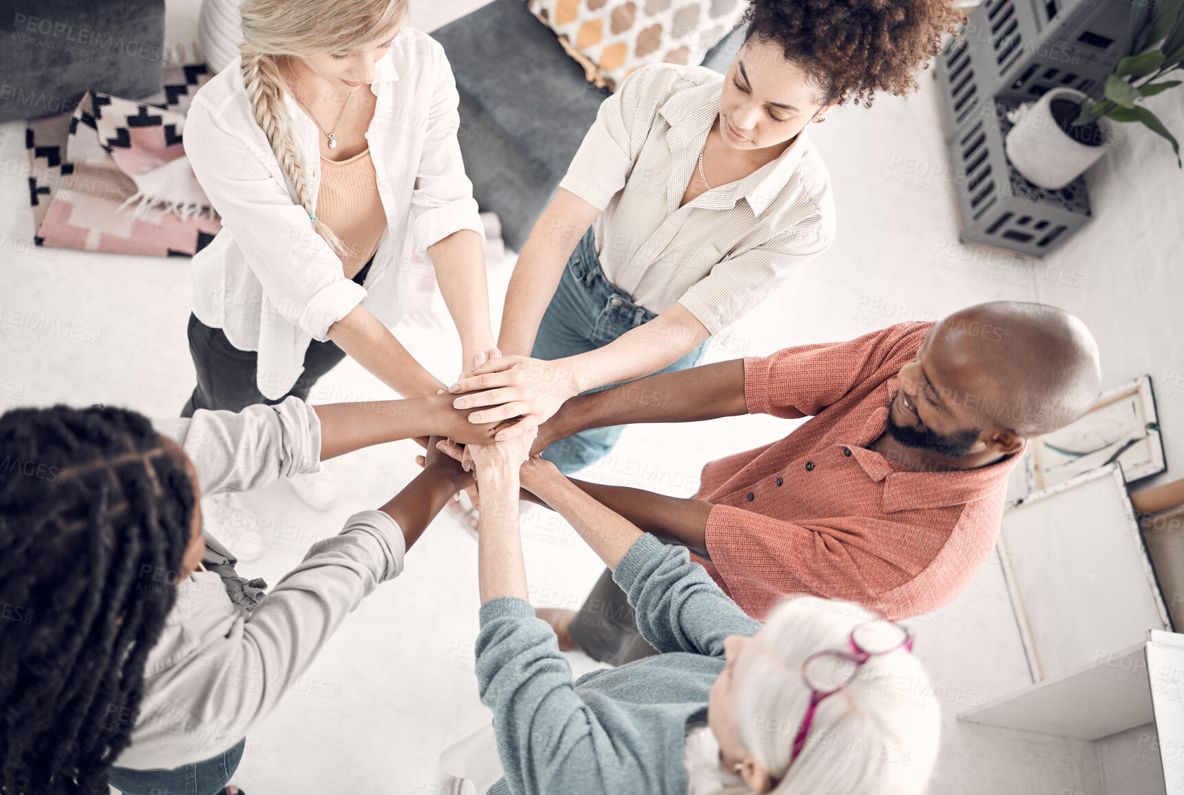 Buy stock photo Teamwork, hands of business people together with support, trust and collaboration at start up office. Creative team, synergy and top view of hand circle of staff with motivation, staff and solidarity