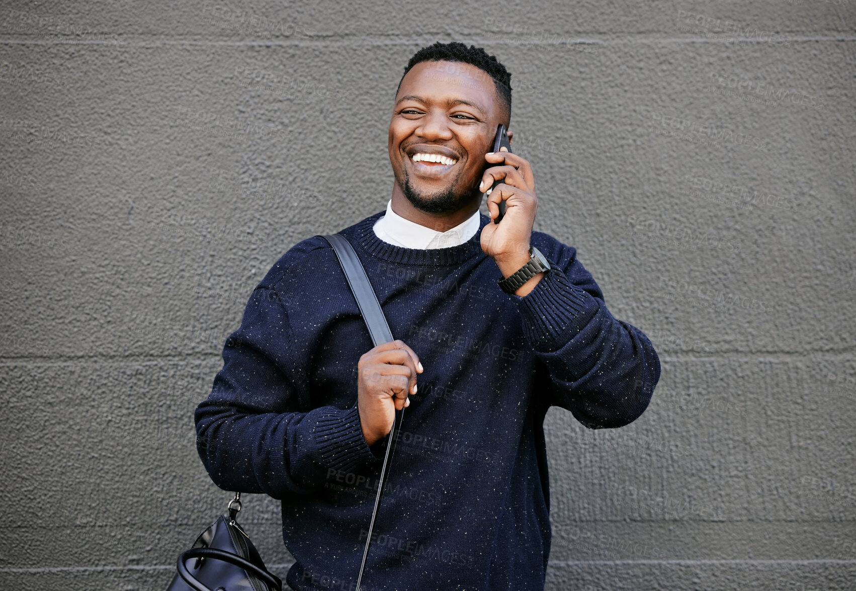 Buy stock photo Outdoor, business and black man with happiness in phone call for communication or conversation in New York. Male person, gray wall and smile with commuting for work with connection and networking 