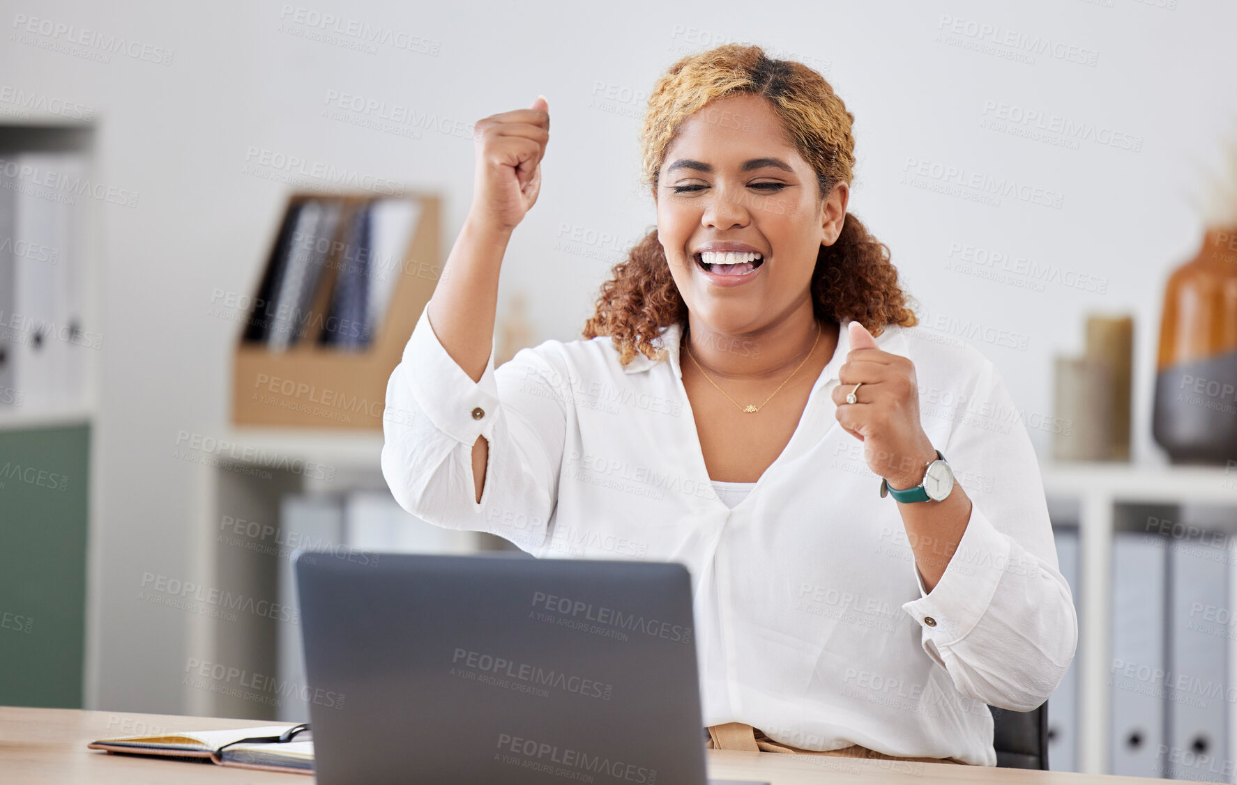 Buy stock photo Happy, businesswoman with celebration and with laptop at her desk in a modern office workplace. Achievement or success, happiness or cheerful and celebrate female person smile for goal or target