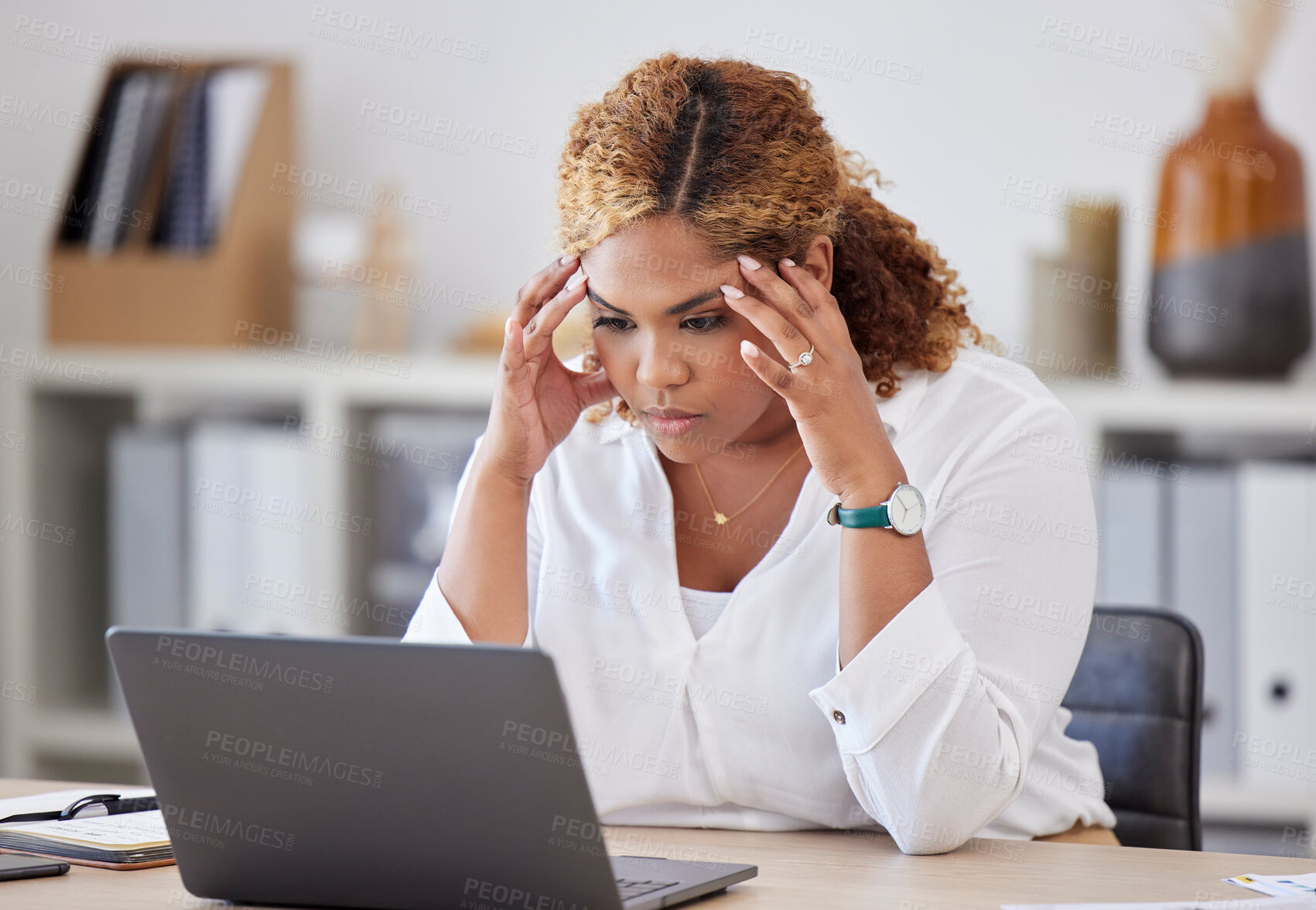 Buy stock photo Headache, stress and business woman on laptop for debt review, financial report or payroll mistake, error or fail. Worried, confused and african person with wrong email or finance problem on computer