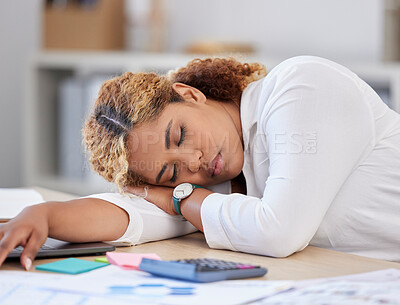 Buy stock photo Sleeping, business and woman tired, fatigue and professional with burnout, overworked and consultant. Female person, employee and agent at her desk, exhausted and nap on a break, relax and resting