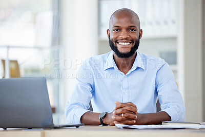 Buy stock photo Portrait, black man and business writer in office with pride for career or company job. Face, smile and professional, entrepreneur and male copywriter from South Africa with success mindset at work.