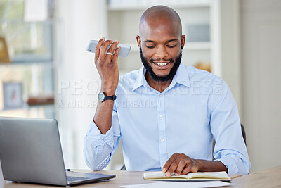 Buy stock photo Business, phone call and man with notebook, speaker and talking with a laptop, planning and connection. Male person, happy employee and entrepreneur with a smartphone, loudspeaker and communication