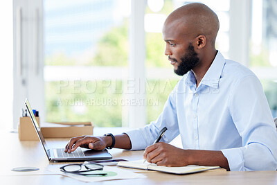 Buy stock photo Laptop, accountant and black man writing notes for research, planning and accounting project. Computer, notebook and African male professional auditor working online, email and internet business.