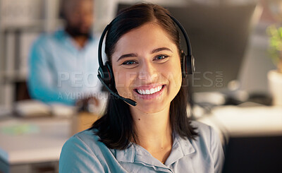 Buy stock photo Call center, portrait and business woman in office for customer service, telemarketing or support at night. Face, smile and female sales agent, consultant or employee working on consulting deadline.