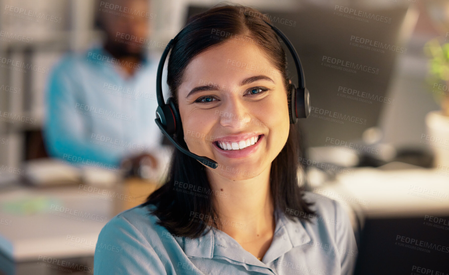 Buy stock photo Call center, portrait and business woman in office for customer service, telemarketing or support at night. Face, smile and female sales agent, consultant or employee working on consulting deadline.