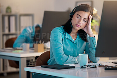 Buy stock photo Call center, sleeping and tired woman in office for customer service or support at night. Telemarketing, sleep and fatigue of female sales agent, consultant burnout and employee stress for deadline