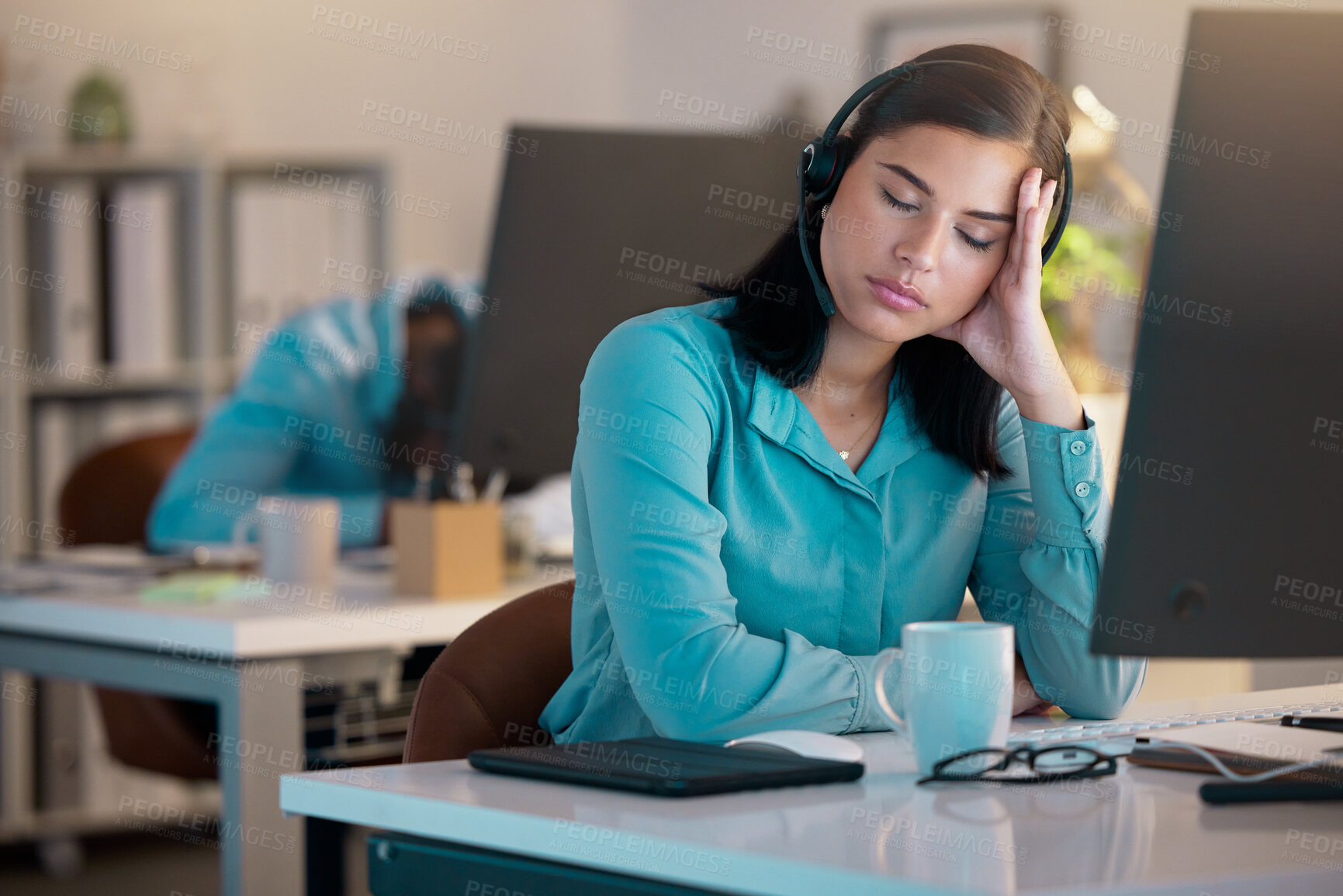 Buy stock photo Call center, sleeping and tired woman in office for customer service or support at night. Telemarketing, sleep and fatigue of female sales agent, consultant burnout and employee stress for deadline