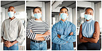 Young diverse businesspeople standing with their arms crossed and wearing a mask at work. Business professionals wearing a mask protecting from a virus and standing in an office at work