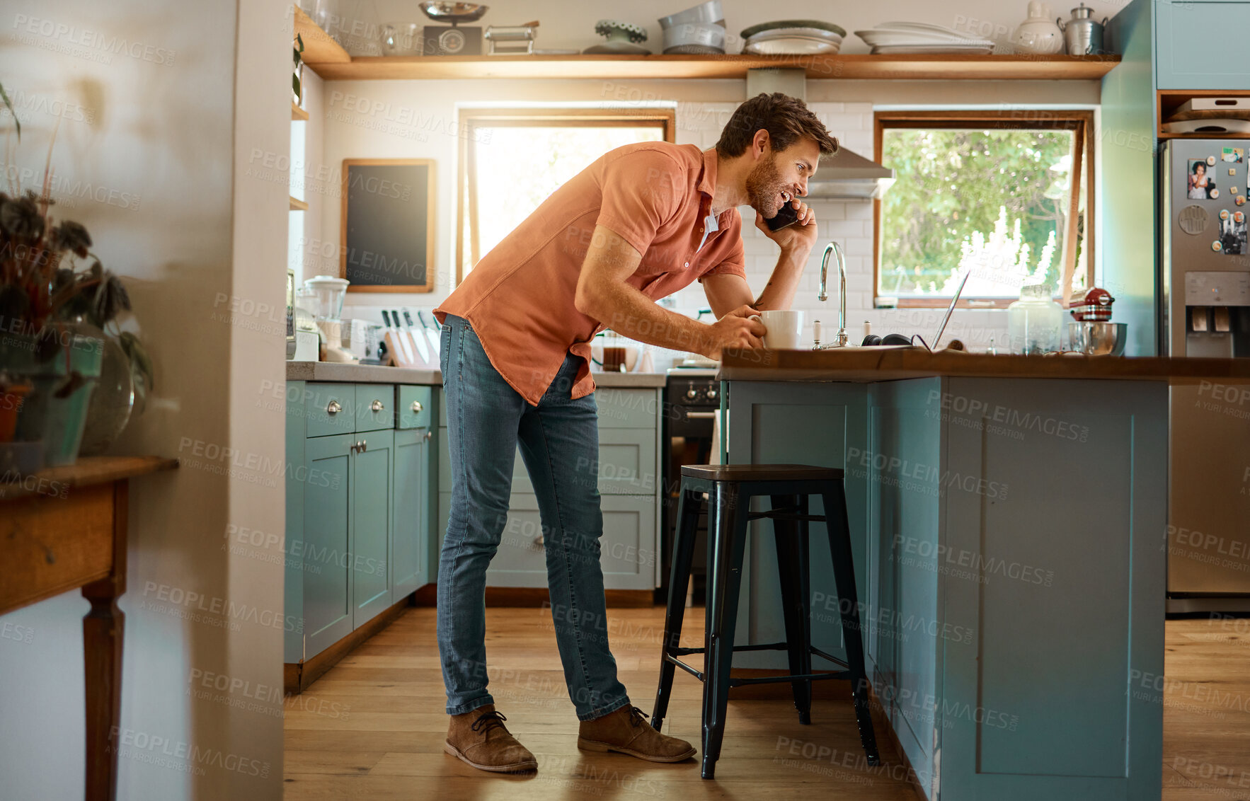 Buy stock photo Phone call, laptop and planning with man in kitchen for remote work, communication and networking. Contact, technology and internet with person at home for freelancer, social media and connection