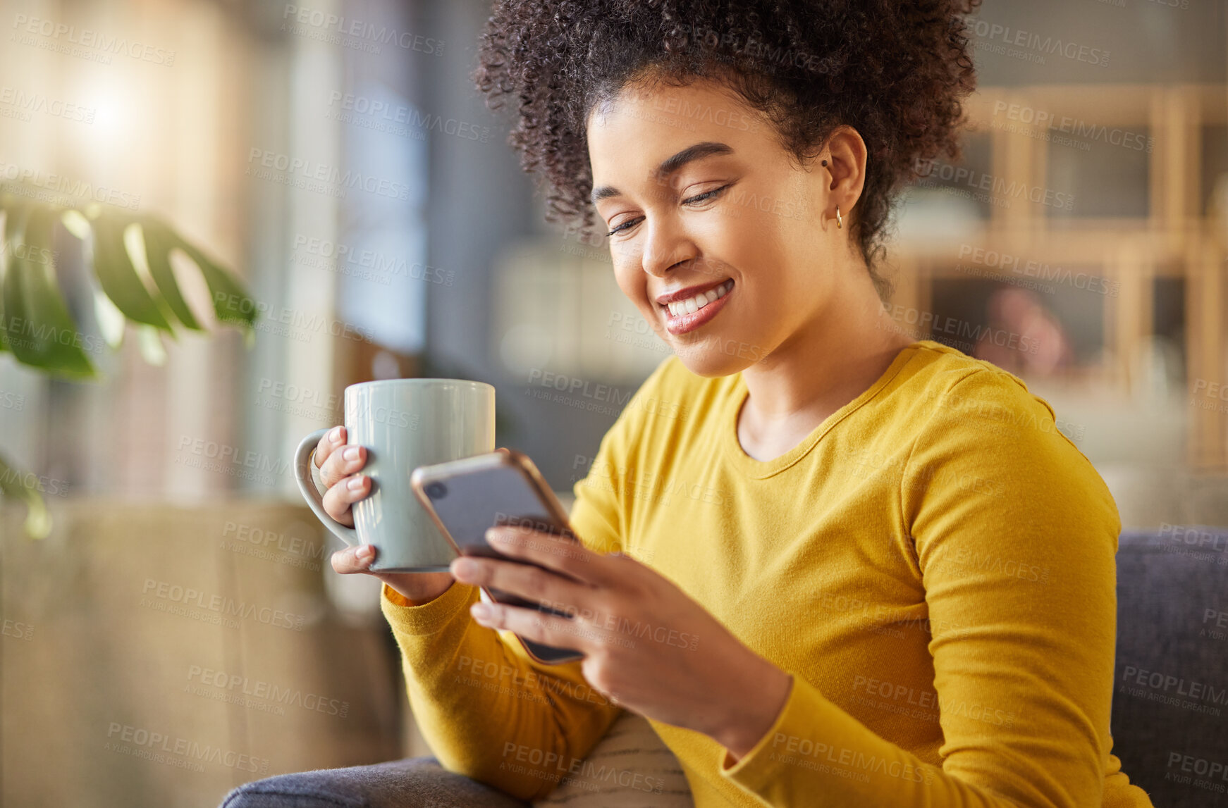 Buy stock photo Phone, coffee and happy woman on sofa with social media, internet inspiration and search for home ideas. Drink, tea and relax, young or african person on mobile app for communication or chat on couch