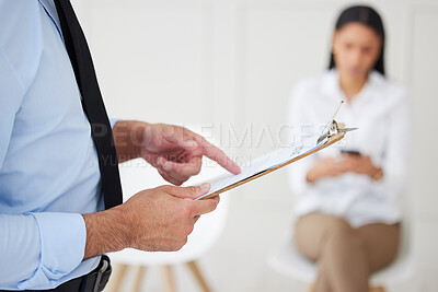 Buy stock photo Closeup of unknown mixed race hiring manager using clipboard during interview. Hispanic businessman calling candidate for job opening, vacancy, office opportunity. Confident professional hr employer