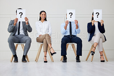 Portrait mixed race businesswoman as selected candidate in group of diverse businesspeople waiting for interview. Team of men and women applicants in line for job opening, vacancy, office opportunity