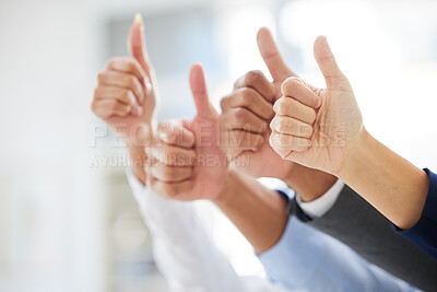 Buy stock photo Closeup, business and group with thumbs up, support and agreement with approval, collaboration and opportunity. Zoom, staff or team with hand gesture, symbol or solidarity with success or achievement