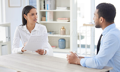 Buy stock photo Meeting, resume and business people in discussion for job interview, vacancy or hiring opportunity. Corporate office, recruitment and man and woman in conversation with documents, CV and portfolio