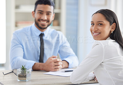 Buy stock photo Job interview, hiring and portrait of business people for meeting, vacancy and career opportunity in office. Corporate boss, recruitment and happy man and woman with resume, contract or CV documents