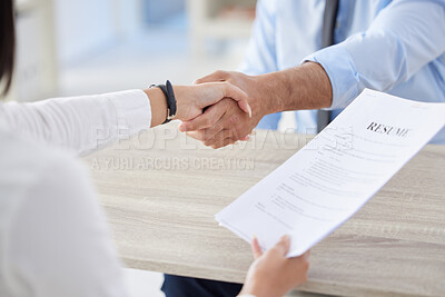 Buy stock photo Two unknown mixed race businesspeople in handshake after signing contract in interview. Applicant meeting CEO and hiring manger. Candidate hired for job opening, vacancy, office opportunity, promotion