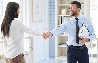 Buy stock photo Two mixed race businesspeople in handshake after signing contract in interview. Hispanic applicant meeting CEO, hiring manger. Candidate hired for job opening, vacancy, office opportunity, promotion