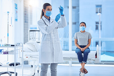 Buy stock photo Patient waiting for covid vaccine. Doctor preparing covid cure injection. Physician holding a syringe filled with a vaccine. Expert filling a needle with a covid remedy. Patient in a medical checkup