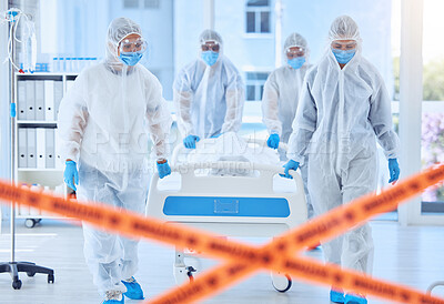 Buy stock photo Csi team moving a bed with a dead body. Team of medical specialists collecting dead body from quarantine room. Medical colleague moving covid dead body from protected room. Doctors pulling a bed