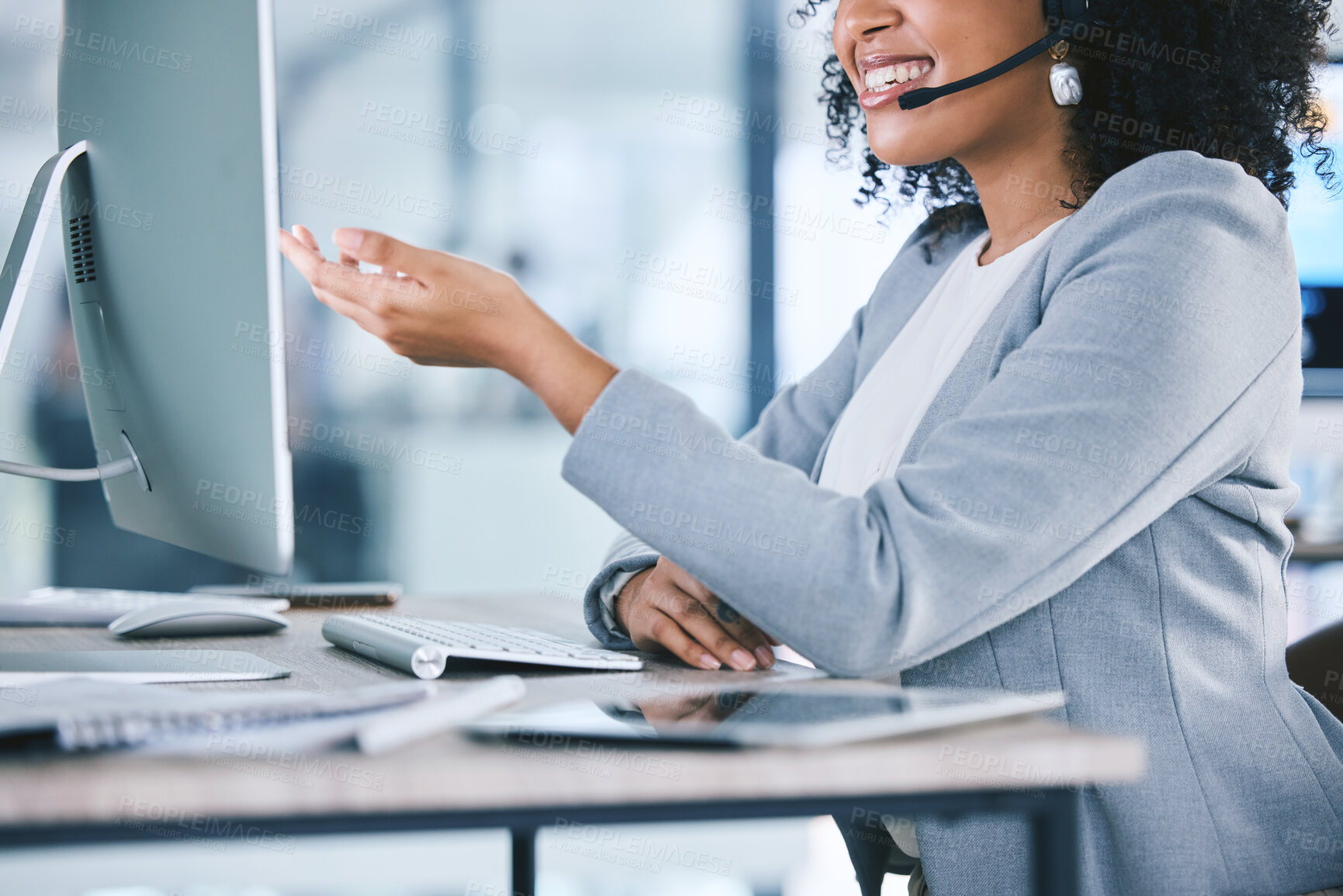 Buy stock photo Call center, customer service and a woman talking at computer with microphone. Hand and smile of african person as crm, telemarketing and sales or technical support agent with headset and desktop pc