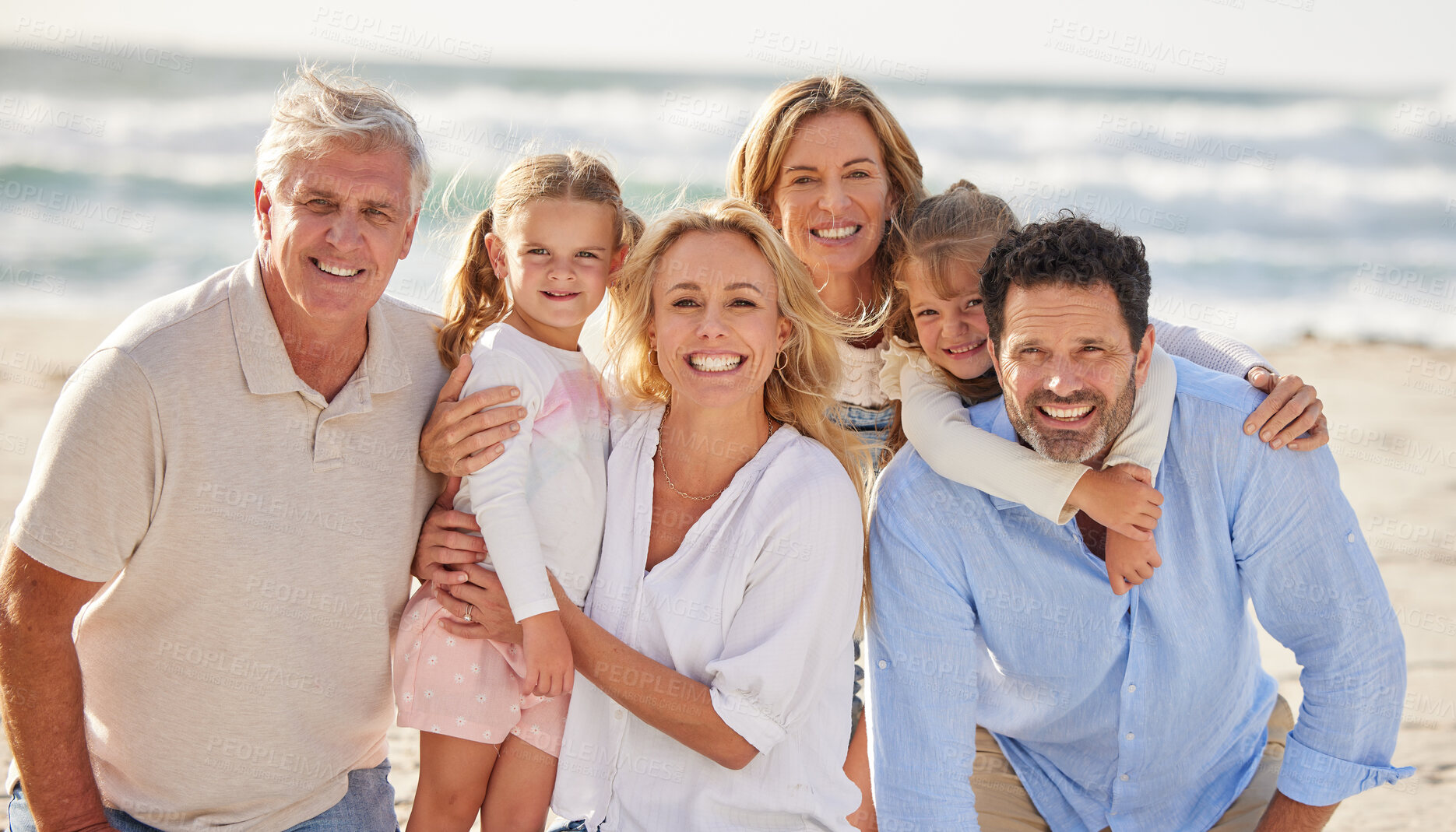 Buy stock photo Family at beach, grandparents and parents with kids in portrait, travel and freedom with love and vacation. Face of happy people, generations and tourism in New Zealand while bonding together outdoor