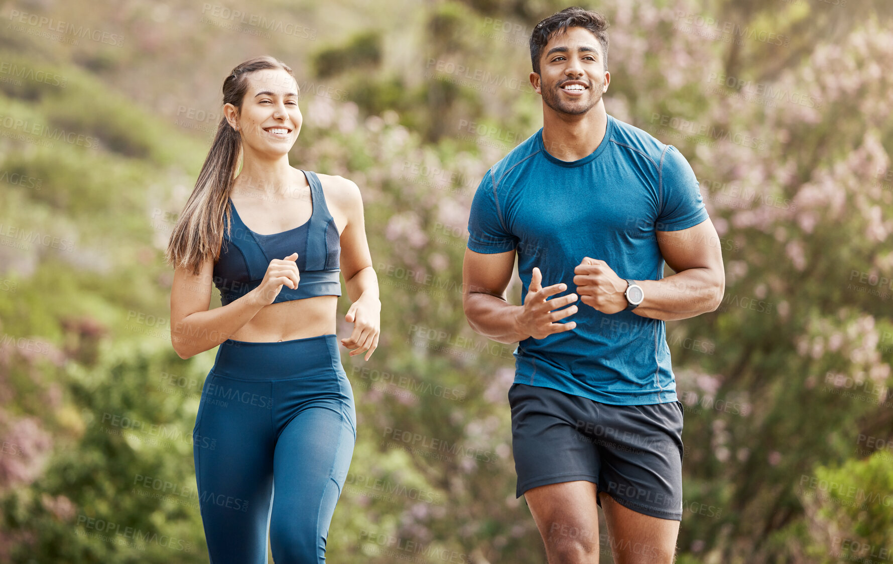 Buy stock photo Running, mountain trail and couple of friends training for sports and health outdoor. Fitness, workout and sport run of young runner people together on a street with athlete exercise and race cardio