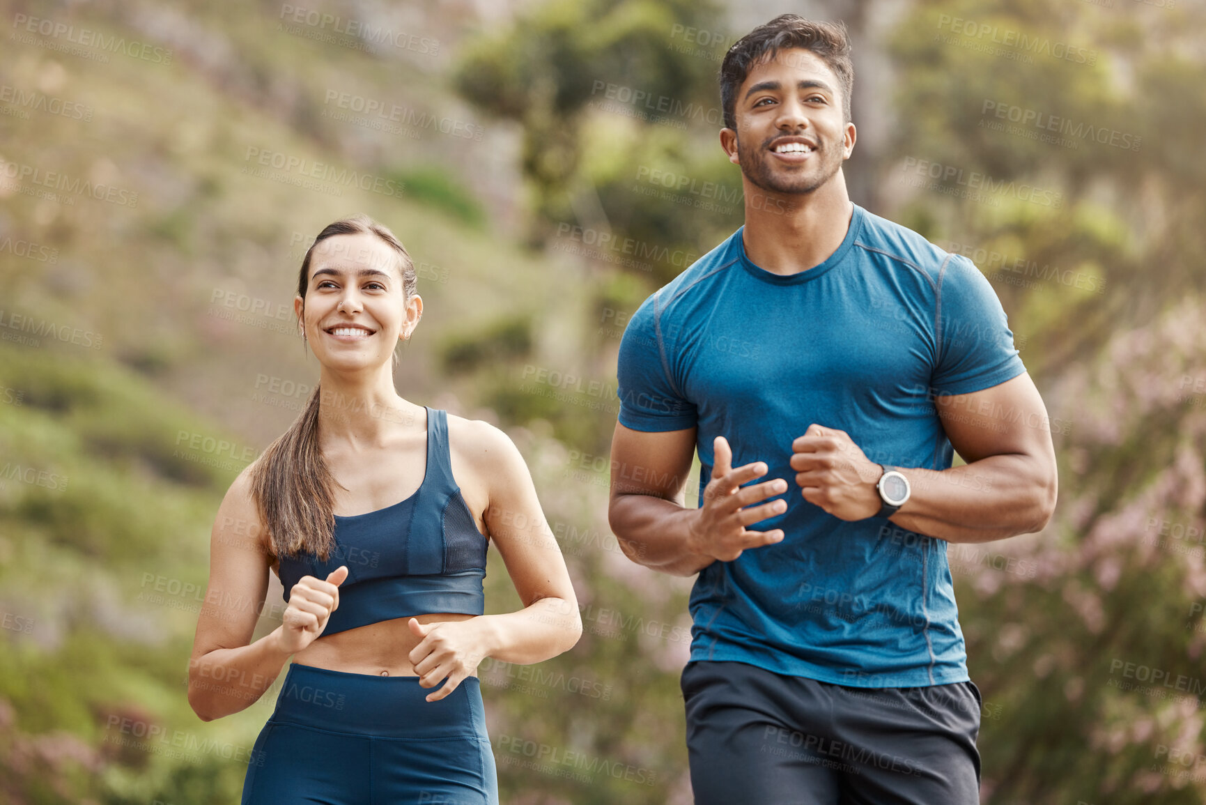 Buy stock photo Running, mountain and happy couple of friends training for sports and health outdoor. Fitness, workout and sport run of young runner people together with confident athlete exercise and race cardio