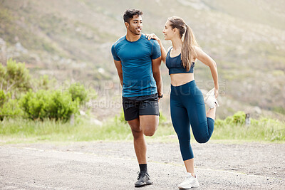 Buy stock photo Stretching legs, warmup and couple of friends in the mountain for outdoor exercise. Training, wellness balance and young people smile with leg stretch for fitness run, sports and workout on a road