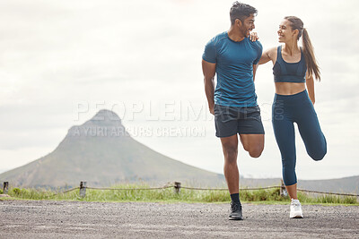 Buy stock photo Stretching legs, run warmup and couple of friends in the mountain for outdoor exercise. Training, balance and young people smile with leg stretch for fitness, sports and workout on road with mockup