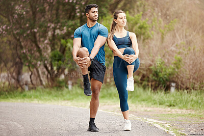 Buy stock photo Stretching legs, body warmup and couple of friends for outdoor and sport exercise. Training, wellness balance and young people smile with leg stretch for fitness run, sports and workout on a road