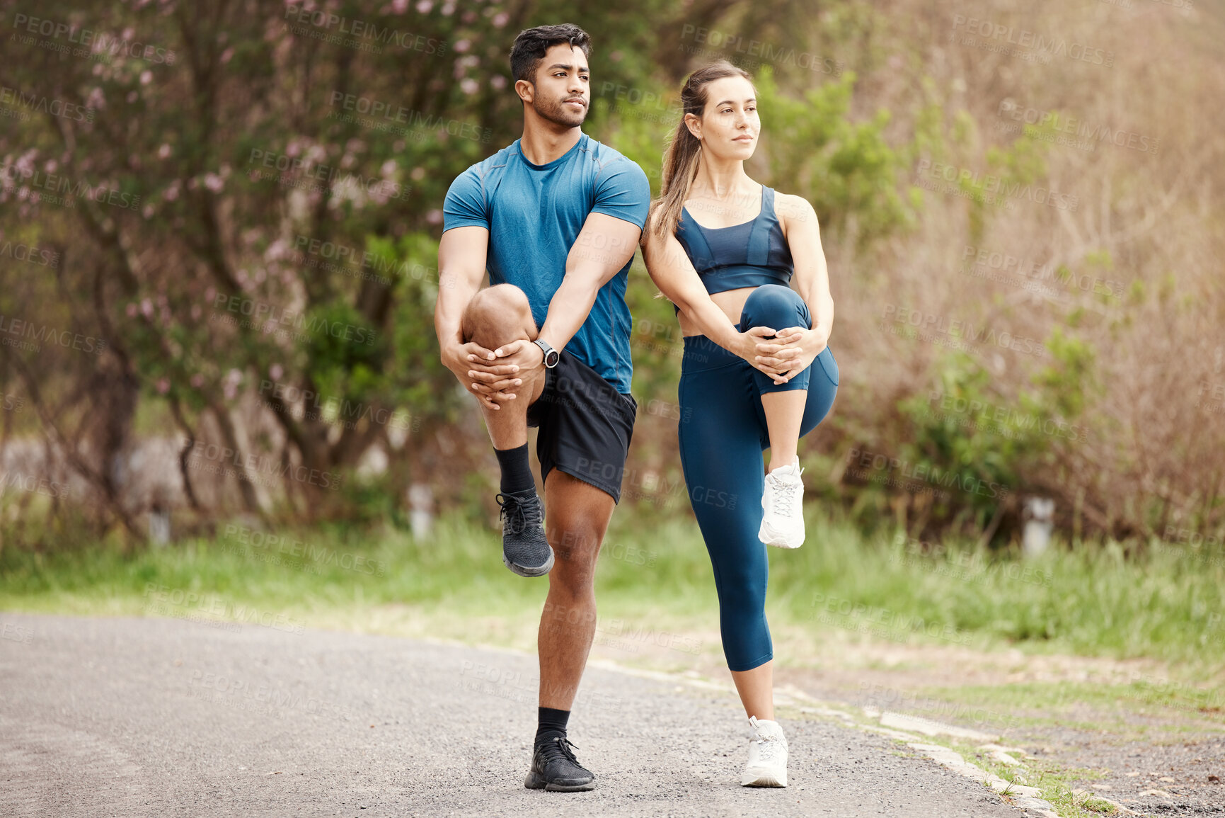 Buy stock photo Stretching legs, body warmup and couple of friends for outdoor and sport exercise. Training, wellness balance and young people smile with leg stretch for fitness run, sports and workout on a road