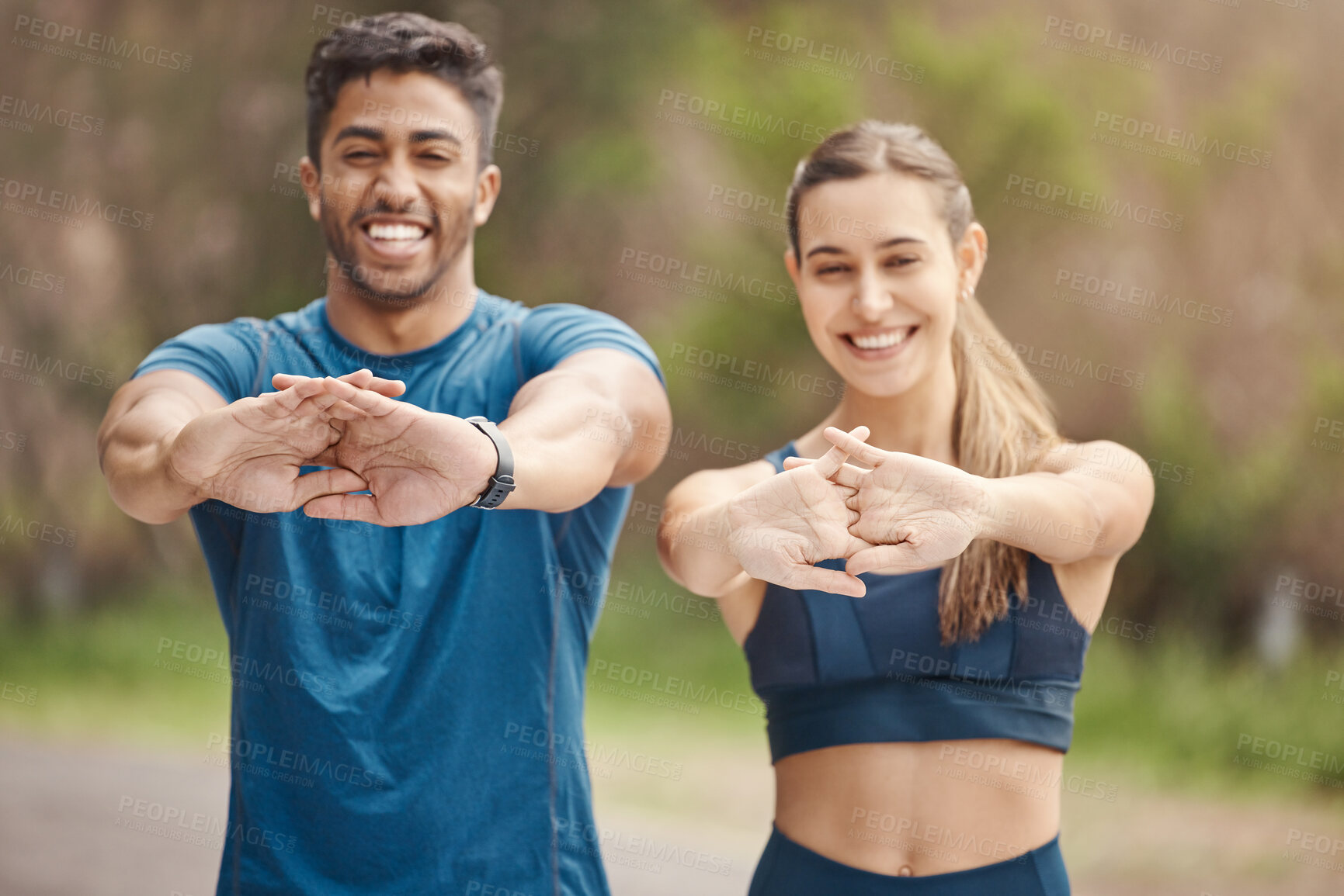 Buy stock photo Stretching arms, portrait and couple of friends in the mountain for outdoor exercise. Training, wellness balance and young people smile with leg stretch for fitness run, sports and workout on a road