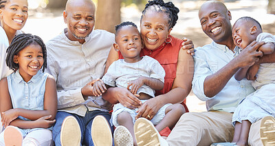 Buy stock photo Black family, grandparents or children in park to relax with girl, boy or siblings on summer holiday together. Happy African dad, mom or kids love bonding or relaxing with grandmother or grandfather