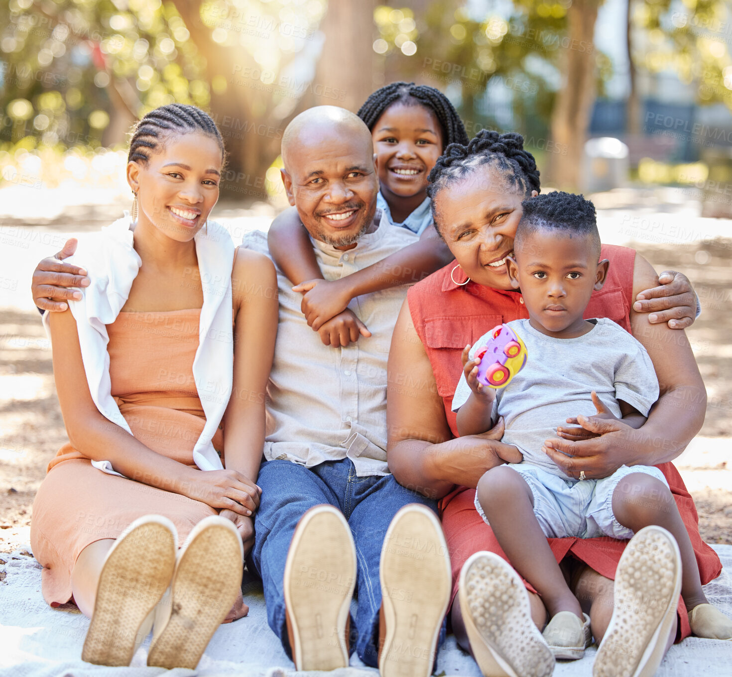 Buy stock photo Black family, grandparents or kids in park to relax with girl, boy or siblings on summer holiday together. Happy African dad, mom or children love bonding or relaxing with grandmother or grandfather
