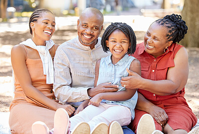 Buy stock photo Black family, grandparents or girl laughing in park to relax with girl on summer holiday together. Happy African dad, funny mom or child loves bonding with grandmother or grandfather in portrait